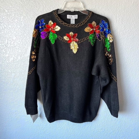 NWT Vintage Crystal - Kobe poinsettia sequined sweater - Picture 1 of 10